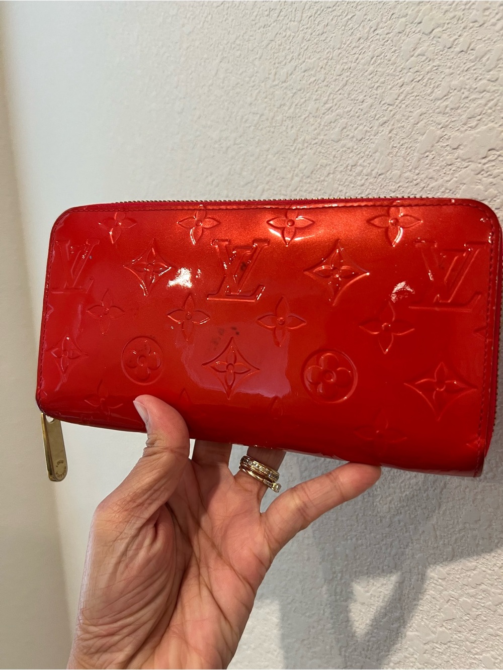 Louis Vuitton Red Vernis Embossed Zip Wallet with Gold Hardware